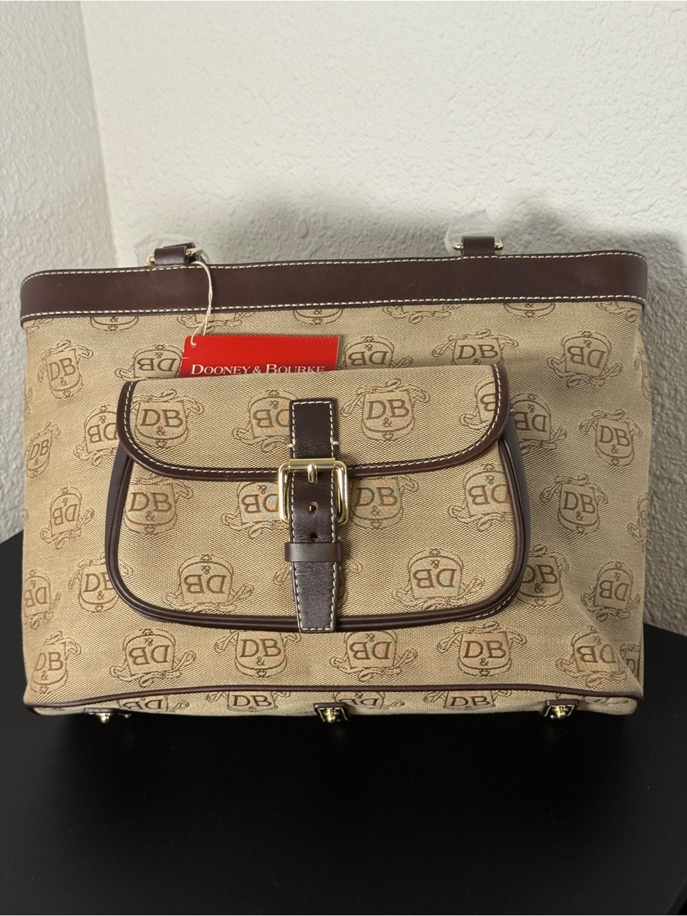 Dooney & Bourke Beige Canvas Messenger with Brown Leather Trim